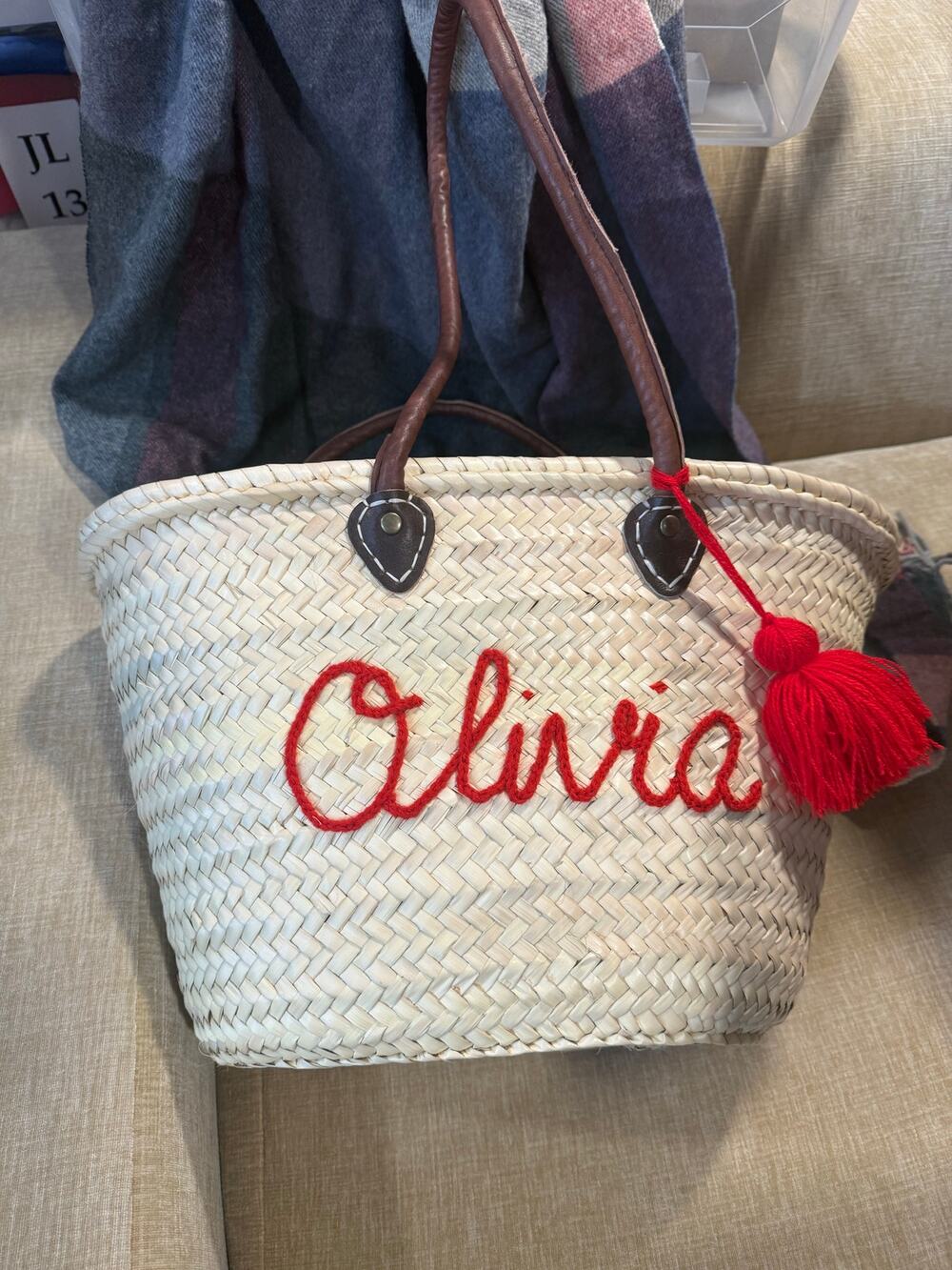 Straw Beach Bag Embroidered Olivia Name